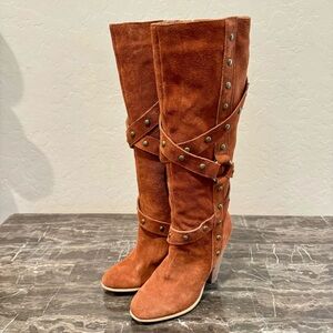 Retro Suede Knee High Strappy Studded Harness Boots